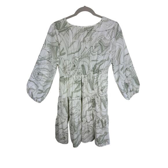 Entro NWT Sage Green Cream 3/4 Balloon Sleeve Tiered Ruffled Above Knee Dress S - Picture 2 of 9